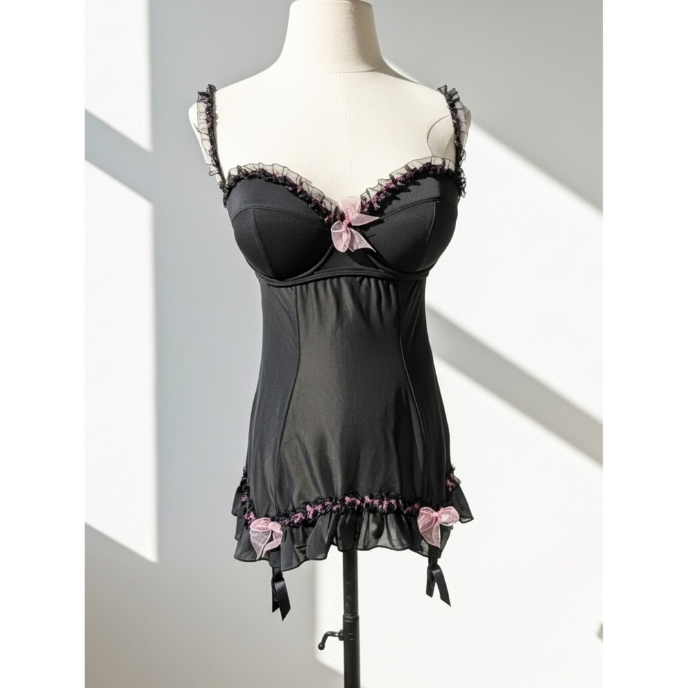 Victoria's Secret Sexy Little Things Black Garter Slip Chemise 34C Y2K Coquette